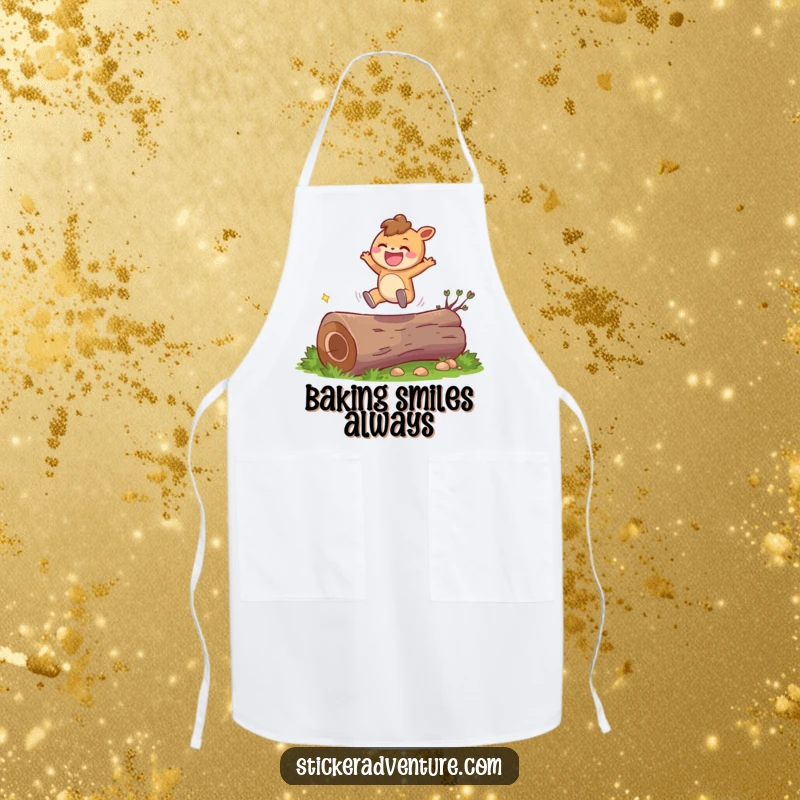 Funny character apron showing a character leaping over a log with a grin, perfect for kitchen use with a dose of joy.