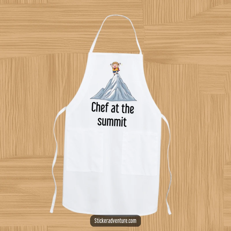 Funny character wearing an apron, climbing a mountain, triumphant pose, humorous cooking theme, great funny gift.