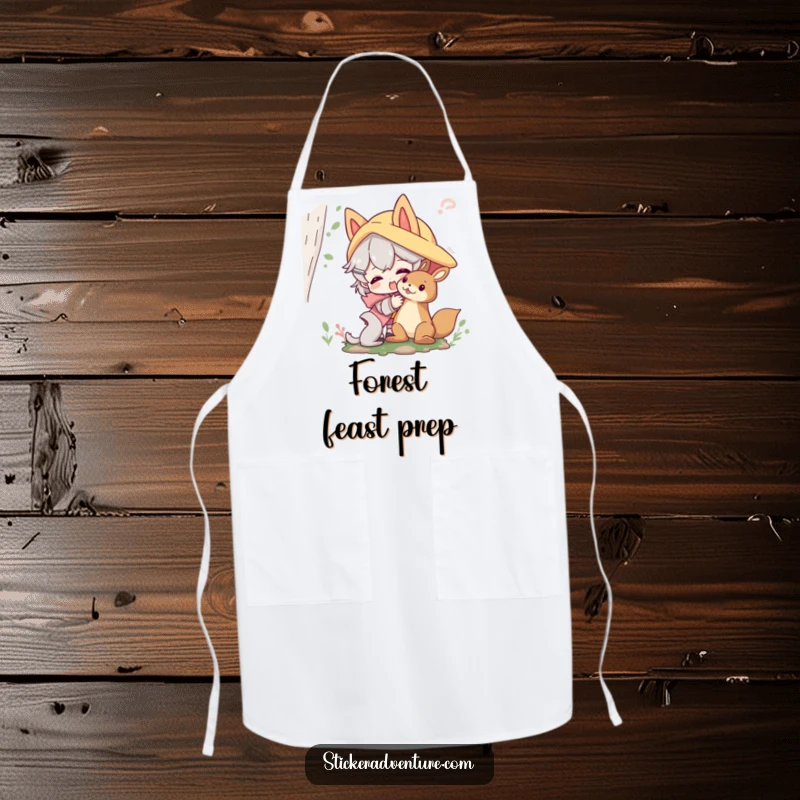 Funny forest friends apron with a character playfully interacting with a friendly forest creature; humorous kitchen accessory.