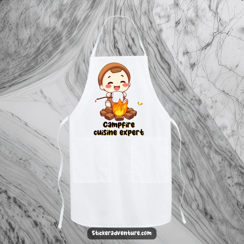 Funny campfire marshmallow apron, a person roasting a marshmallow over a fire, perfect for kitchen fun.