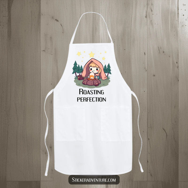 Funny Apron: Character smiling while roasting a marshmallow under a starry sky, perfect for camp cooking and kitchen fun.