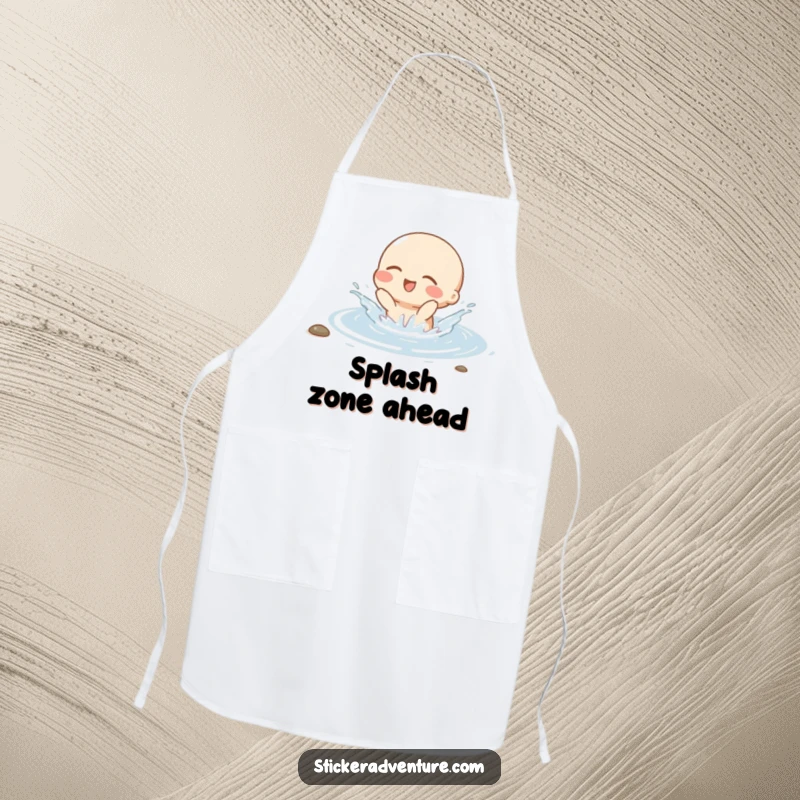 Funny apron with a small character gleefully splashing in a stream with eyes closed, adding a touch of watery fun to cooking.