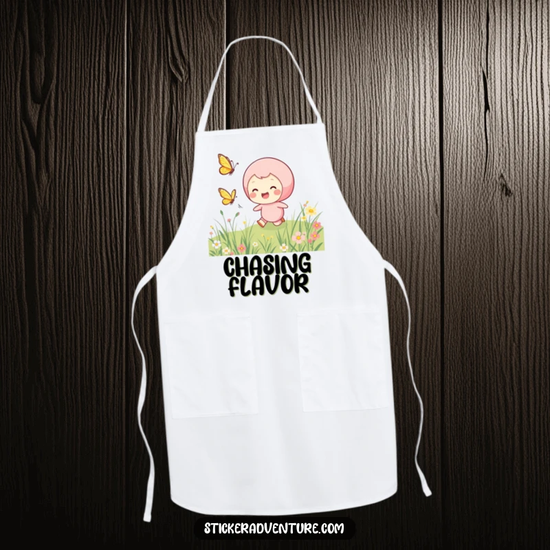 Funny chasing butterfly apron, featuring a smiling character joyfully chasing a fluttering butterfly through a meadow.