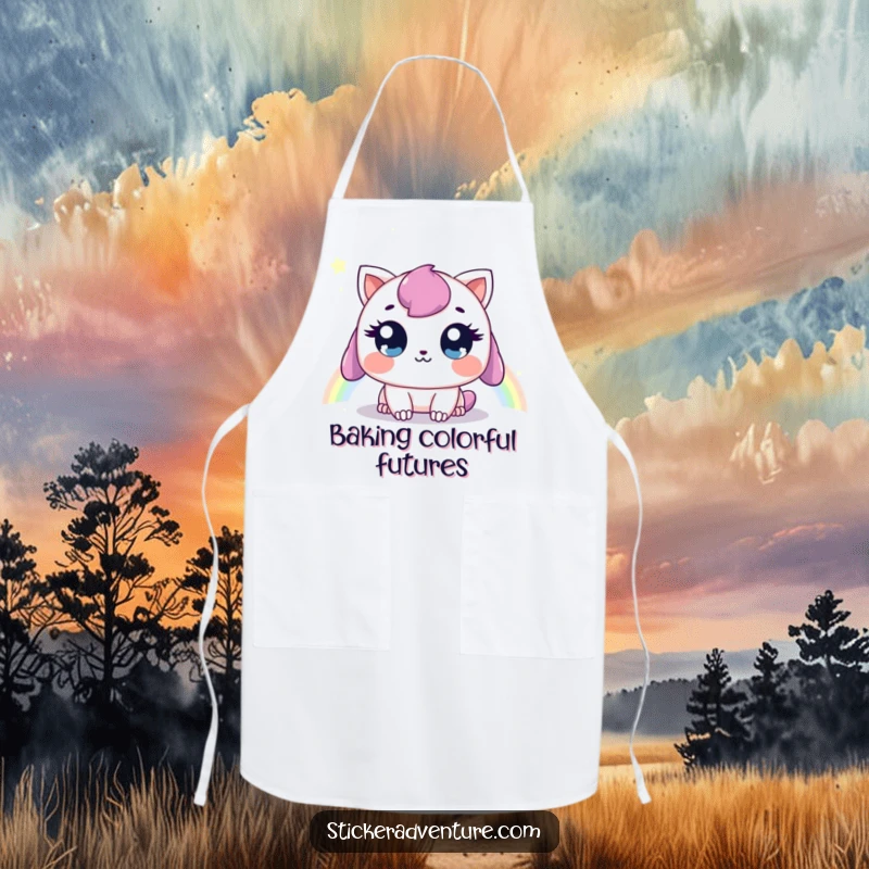 Funny apron showing a sweet creature watching a rainbow, perfect for adding a touch of funny magic to cooking.
