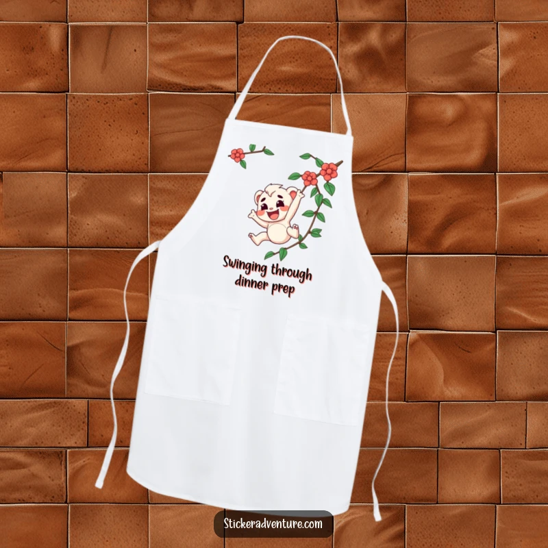 Funny apron shows a joyful character with a determined expression swinging from a vine, perfect for adventurous chefs in the kitchen.