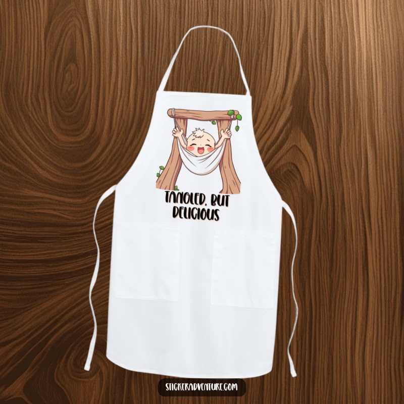 Funny Hammock Apron, ready for kitchen tasks, with a character happily tangled and flailing arms, adding relaxed humor.