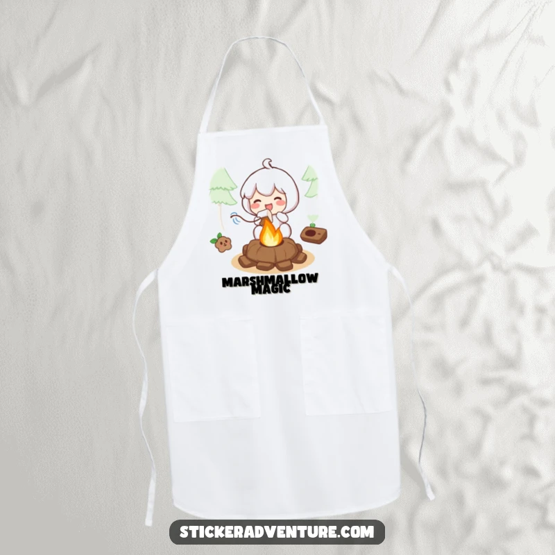 Funny apron print of a character joyfully roasting a marshmallow over a small campfire, ideal for kitchen and BBQ fun.