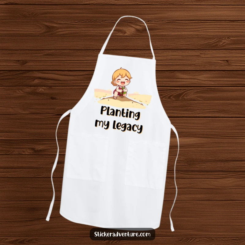 Funny Apron: Cute character joyfully planting a tiny seedling in a vast landscape, perfect for kitchen or garden duties.