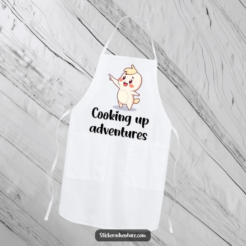 Funny apron with a tiny character pointing excitedly into the distance, embodying culinary wonder and kitchen creativity.