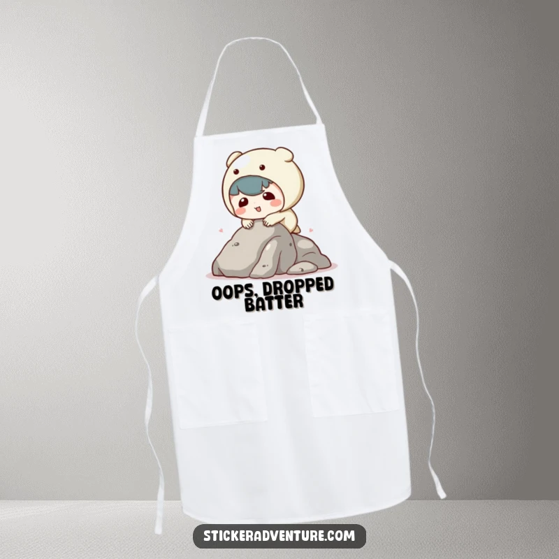 Funny kawaii character apron showing a character tripping while climbing a rock, perfect for kitchen use with humorous charm.