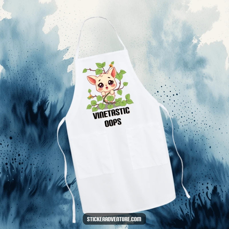 Funny apron print of a small character comically tangled in a vine, with a surprised look, ideal for kitchen humor.