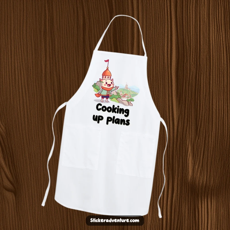 Funny apron featuring a grinning character pointing towards a whimsical landmark, ideal for kitchen adventures and humorous cooking sessions.