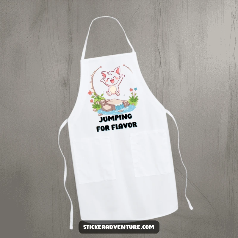 Funny apron with a happy character taking a triumphant leap over a stream, bringing humor to cooking.