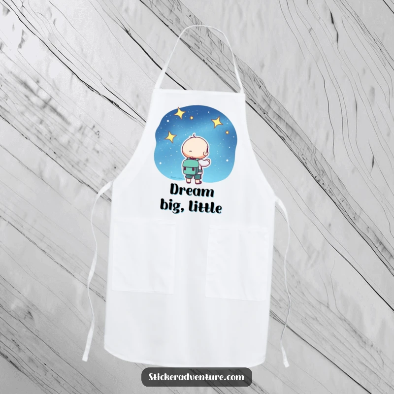 Kawaii apron print of a cute character with a backpack, gazing at a starry sky, adding a touch of cosmic fun to cooking.