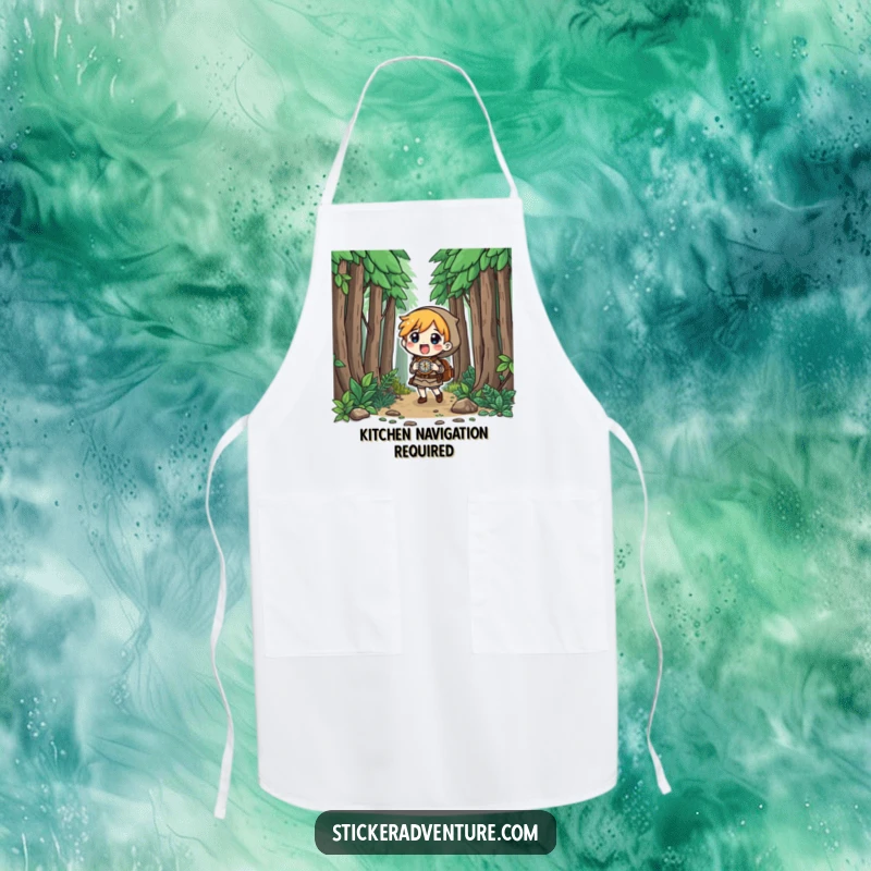 Funny character wearing an apron, navigating a forest with a compass, curious look, humorous kitchen theme, great funny gift.