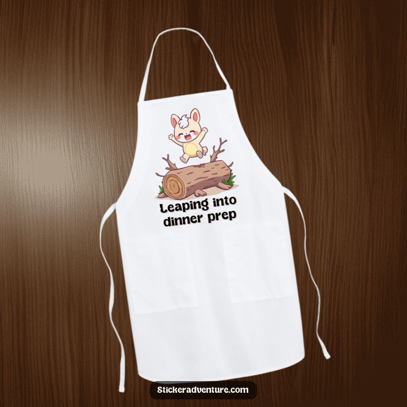 Funny Apron: A character joyfully leaps over a fallen log, adding humor to cooking.