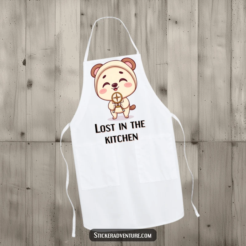 Funny Apron: Character balancing a compass on their nose with clumsy delight, adding humor to kitchen tasks and cooking.