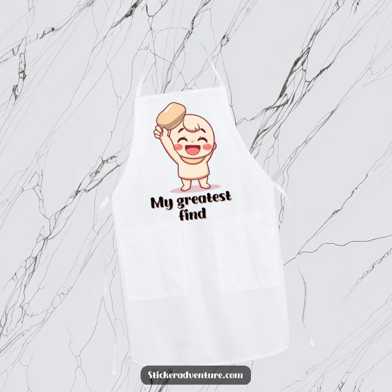 Funny Apron: A character proudly holds a shiny pebble, a funny addition to your kitchen adventures.