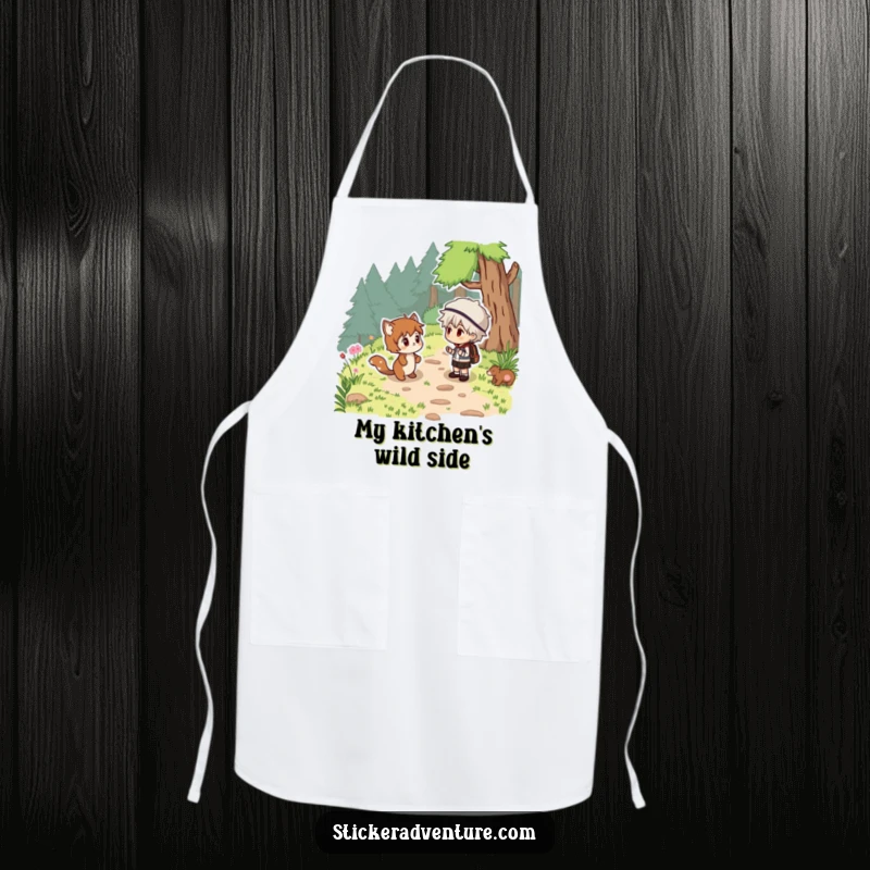 Funny woodland surprise apron, a person and a cute animal on a trail, perfect for kitchen humor.