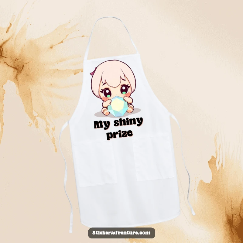 Funny apron with a character's wide-eyed discovery of a sparkling gem, perfect for adding joy to cooking.