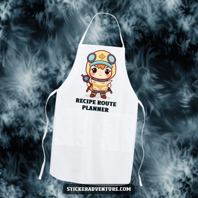 Funny kitchen apron with a determined Kawaii character holding a map and compass, ready for any culinary quest.