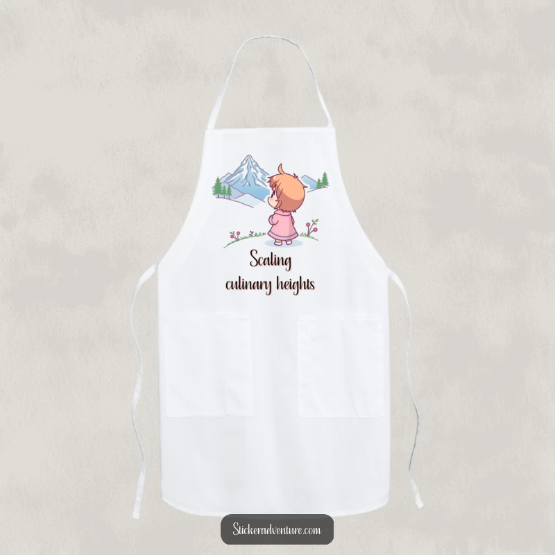 Funny apron with a character looking at a mountain peak with humorous wonder, perfect for the adventurous cook.