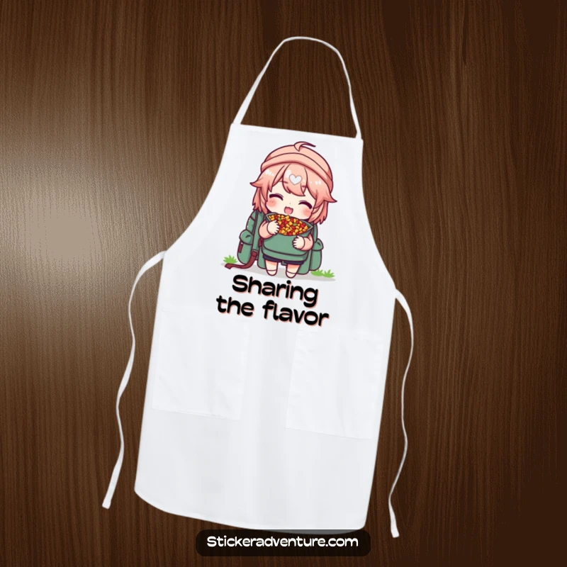 Funny apron featuring a character delightedly sharing trail mix from a backpack, offering a piece, ideal for cooks.