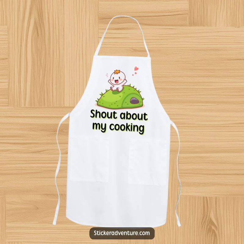 Funny character enjoying a gleeful hill slide, printed on a durable and humorous kitchen apron.