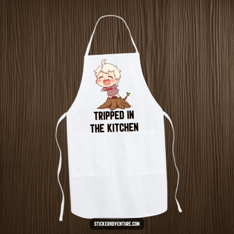 Funny Apron: A character laughing heartily while stumbling over a visible tree root, perfect for kitchen fun.