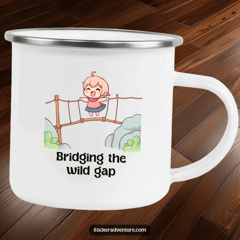 Funny camping mug with a character gleefully crossing a wobbly rope bridge, perfect for outdoor enthusiasts.
