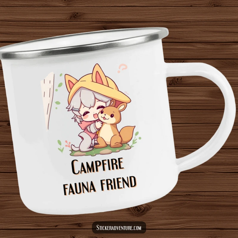 Funny forest friends camping mug featuring a character playfully interacting with a friendly forest creature; durable and humorous.