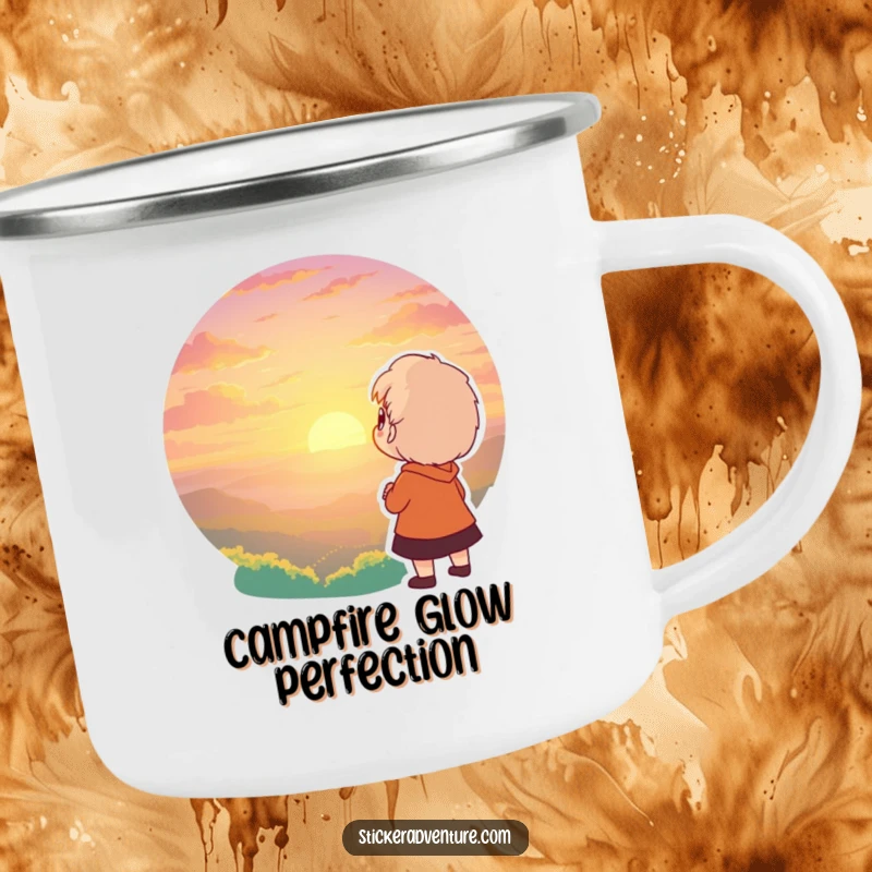 Funny camping mug with a character gazing at a breathtaking sunset in awe. Durable humor for adventurers.