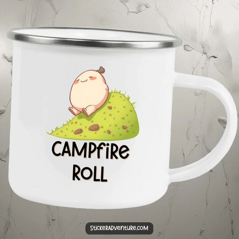 Funny rolling character camping mug, showing a plump character playfully tumbling down a grassy hill, for outdoor enjoyment.