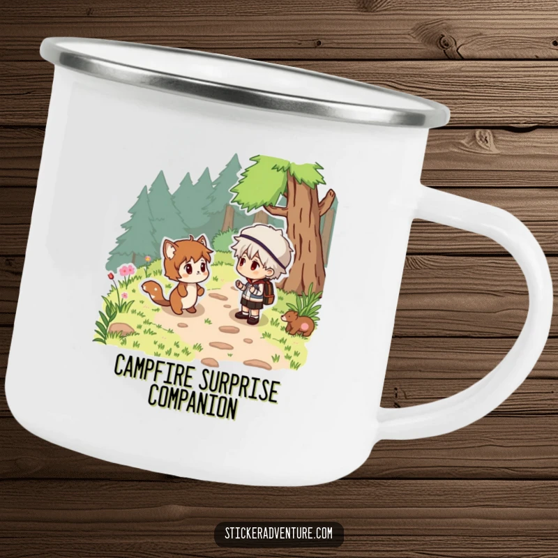 Funny woodland surprise camping mug, a person and an animal on a trail, sturdy and humorous for outdoors.