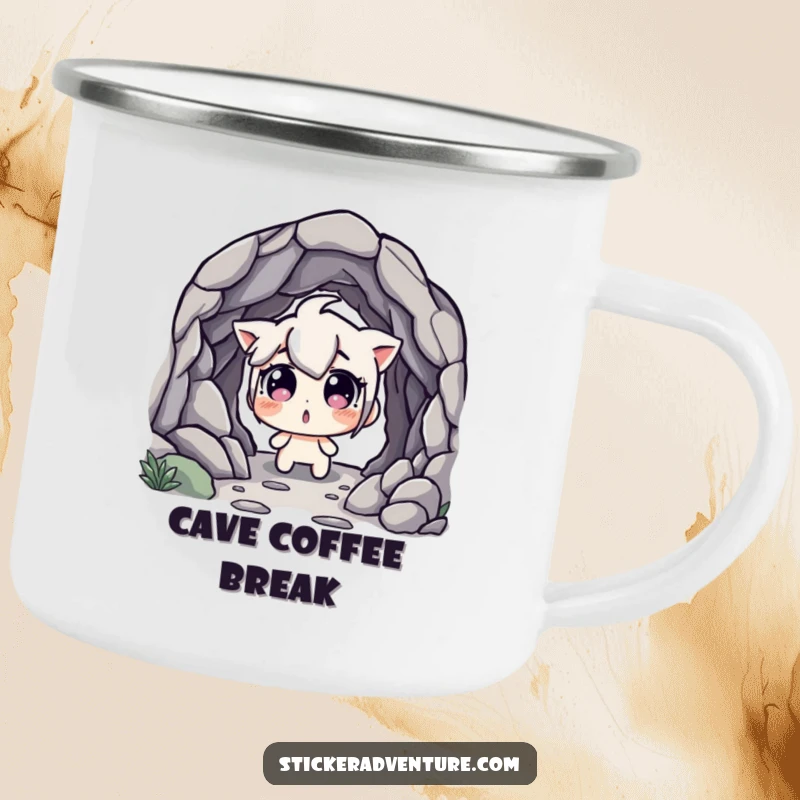 Funny Camping Mug: Character with wide, surprised eyes discovering a hidden cave entrance, ready for campfire tales and adventures.