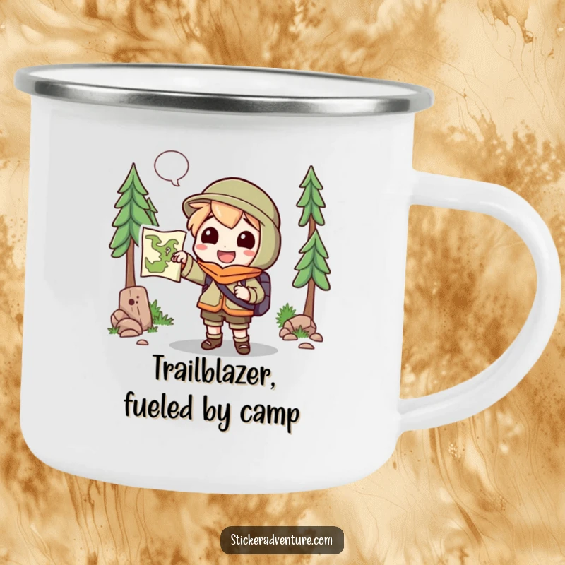 Funny Camping Mug: A cheerful character holds a map, pointing towards an unknown trail, ready for the wilderness.