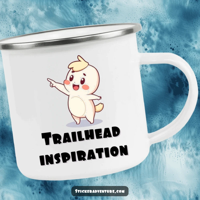 Funny camping mug showing a tiny character pointing towards a distant horizon, filled with wonder and outdoor excitement.