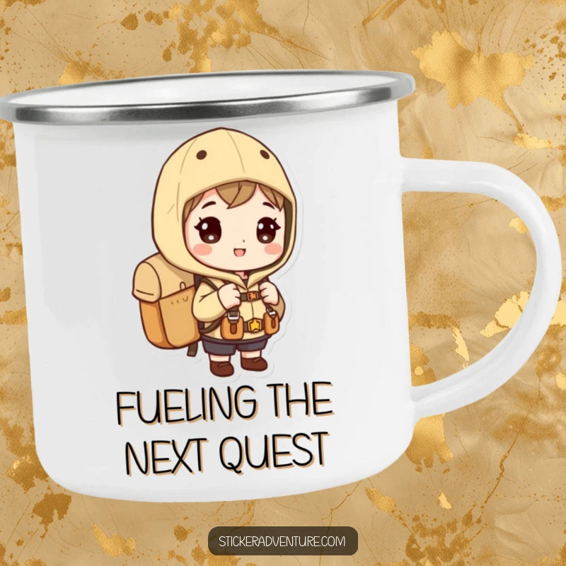 Funny exploration camping mug, a character with a backpack, ready for adventure, sturdy and humorous.