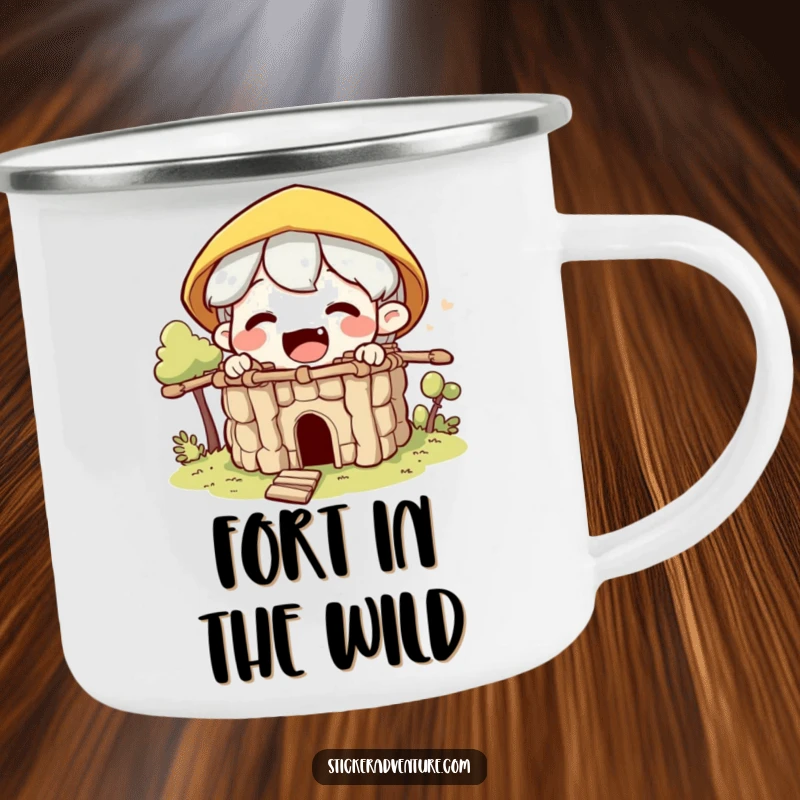 Funny builder character camping mug, showing an excited character building a small fort from sticks, ideal for outdoor creativity.