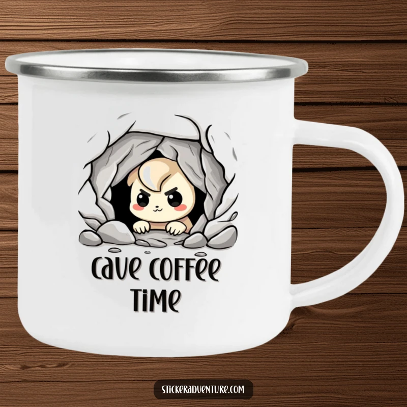 Funny cave explorer camping mug, showing a playful character peering into a dark cave with a nervous grin, for outdoor adventures.