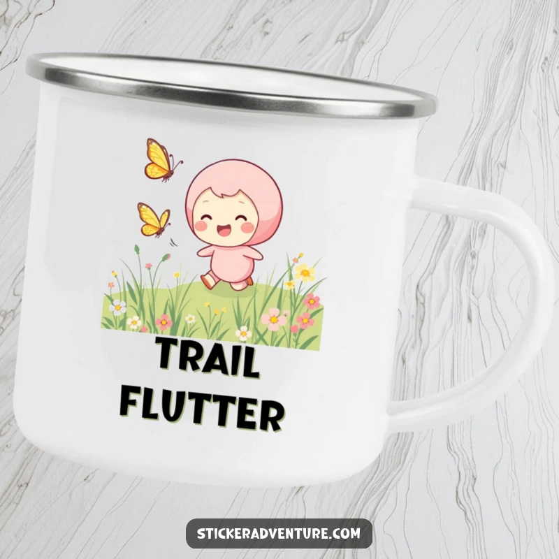 Funny chasing butterfly camping mug, showing a smiling character joyfully chasing a fluttering butterfly through a meadow.