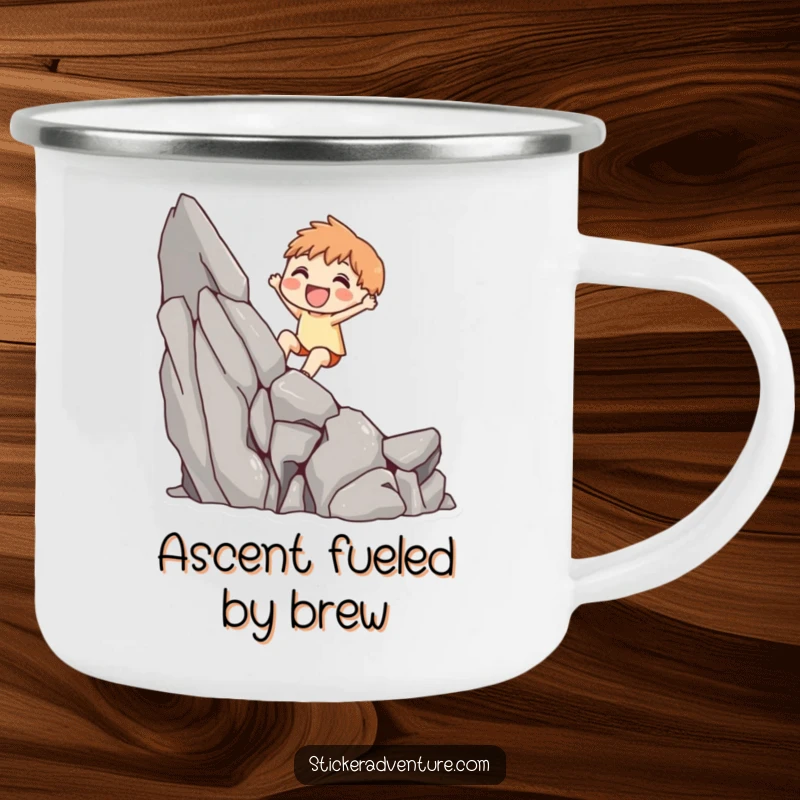 Funny camping mug with a cute character joyfully scaling a small rocky cliff, ideal for outdoor adventures.