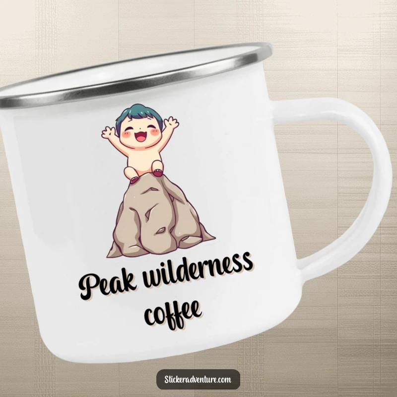 Funny enamel camping mug featuring a cute character joyfully scaling a small rocky outcrop, beaming upwards with enthusiasm.