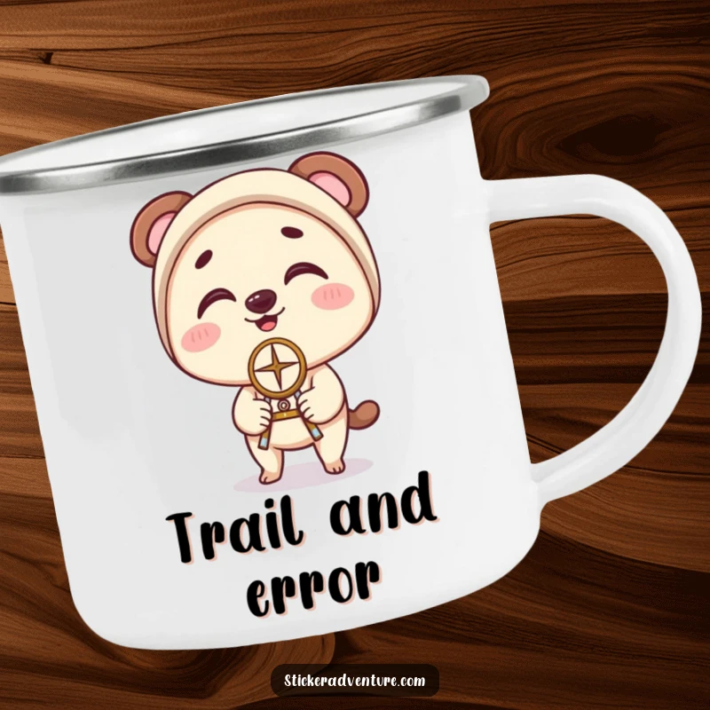 Funny Camping Mug: Character balancing a compass on their nose with clumsy delight, perfect for outdoor humor and beverages.