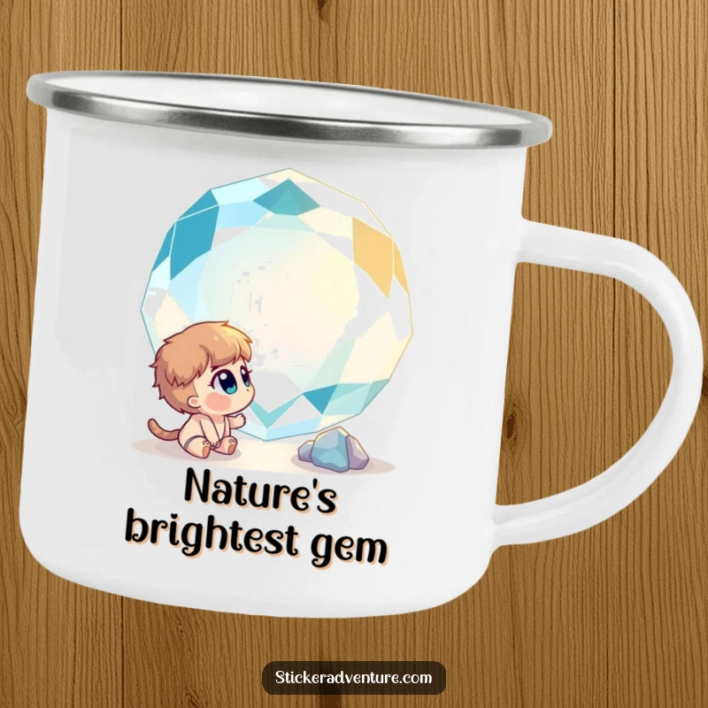 Funny camping mug showing a curious character gazing in wonder at a giant, sparkling gemstone, ideal for magical outdoor sips.