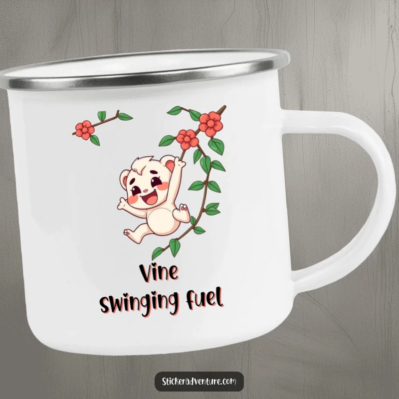 Funny camping mug showing a joyful character with a determined expression swinging from a vine, ideal for outdoor enthusiasts.