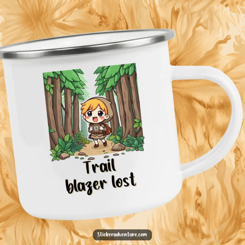 Funny character in a forest with a compass, curious look, outdoor scene, durable funny gift.