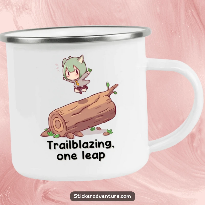 Funny camping mug with a character energetically leaping over a fallen log with grace. Durable humor for the outdoors.