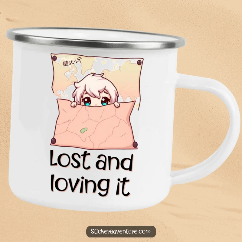 Funny Map Hiding Camping Mug for outdoor excursions, bringing a sense of mystery and adventure with a peeking character.