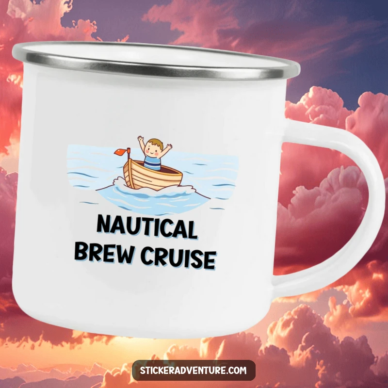 Funny camping mug with a small, happy character waving from a small boat on a vast ocean, ideal for outdoor adventures and evoking serene humor.